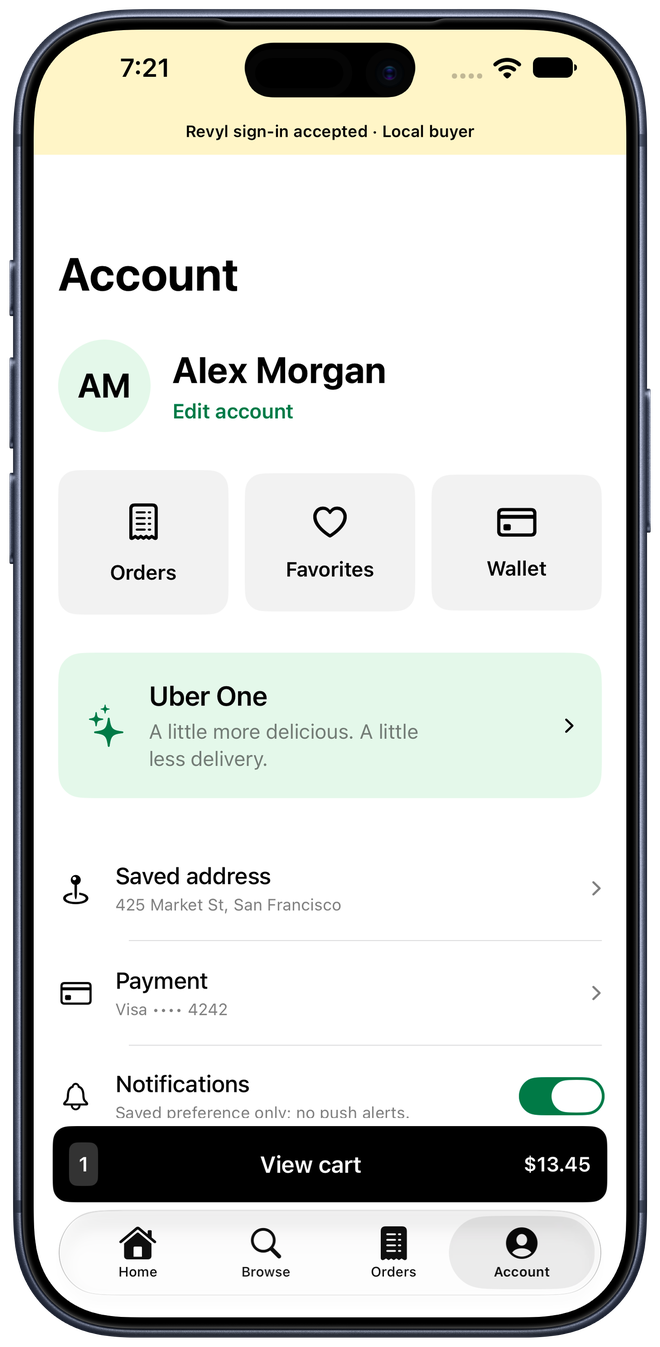 Account tab reachable with one item and cart button visible