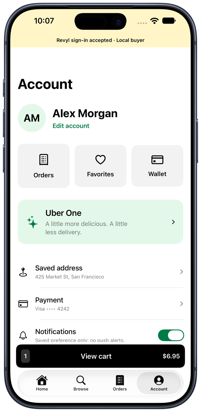 Account tab remains reachable with a one-item View cart bar