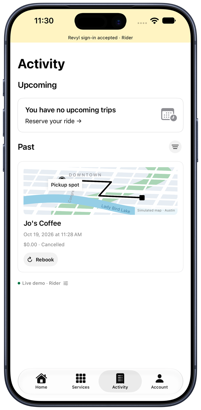 Activity history displaying the cancelled Jo's Coffee trip at zero dollars