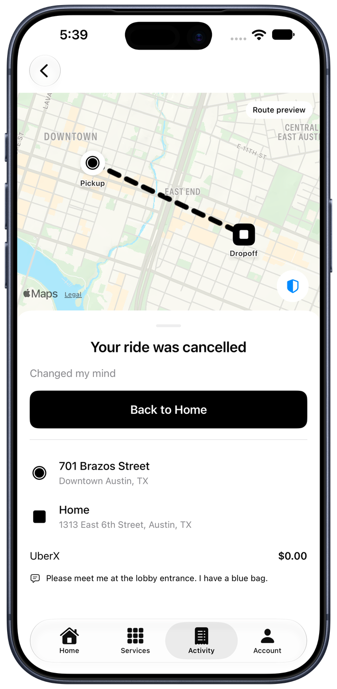 Rider cancellation outcome shows zero-dollar amount