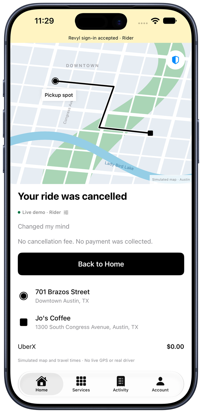 Cancelled ride confirmation showing no payment and a zero dollar total