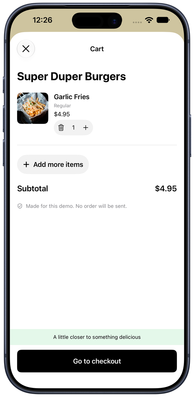 Cart contains one customized Garlic Fries item and labels the order as a demo