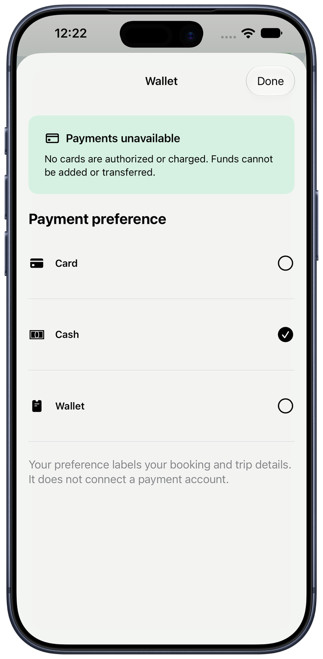 Wallet shows Cash selected and explains payments are unavailable