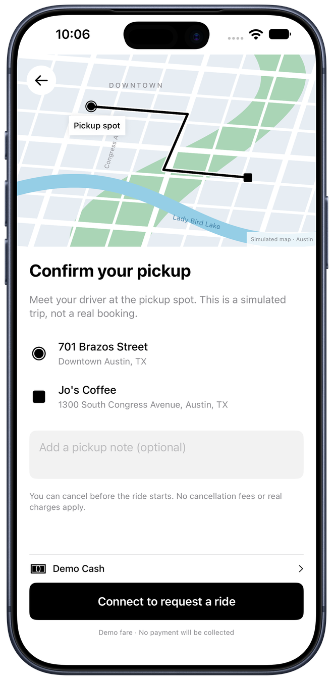 Confirm pickup screen for Jo's Coffee shows Demo Cash and no-payment messaging