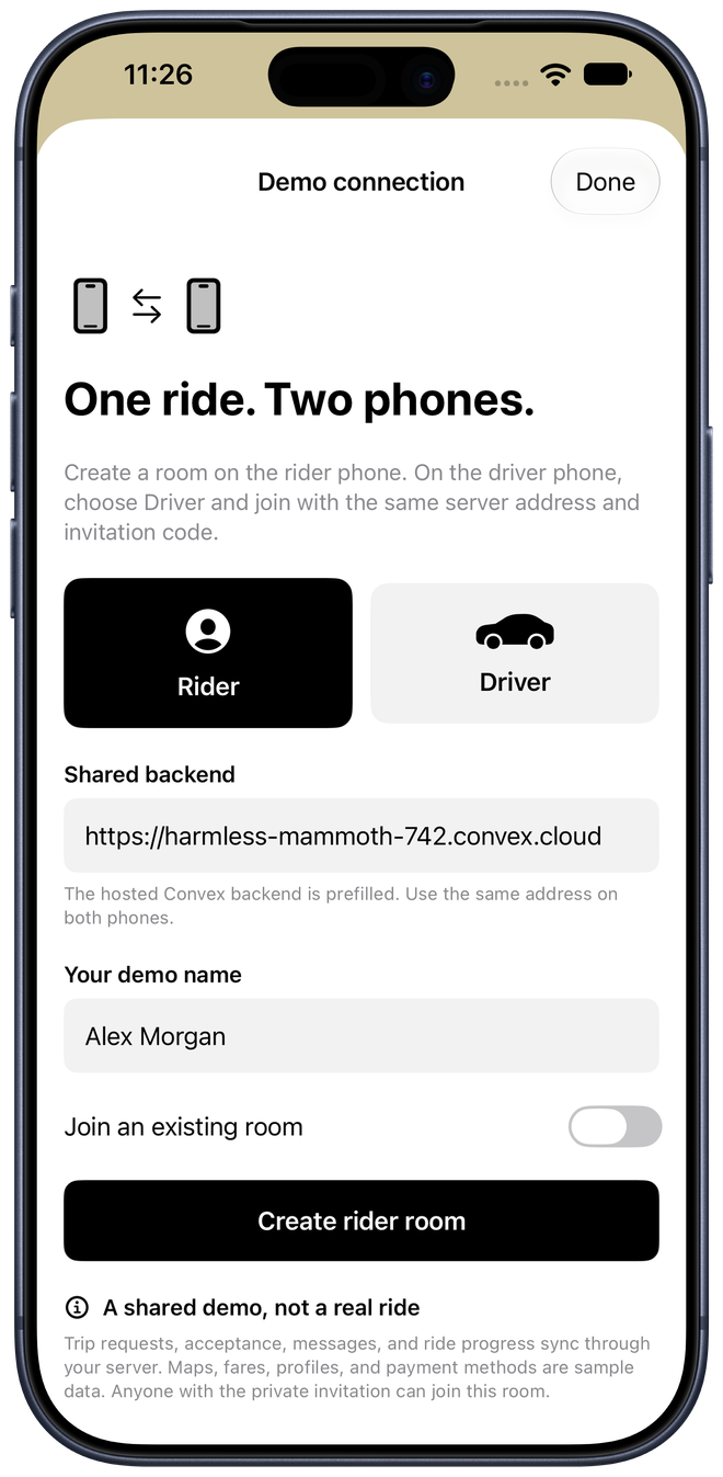 Demo connection screen with the Convex URL prefilled