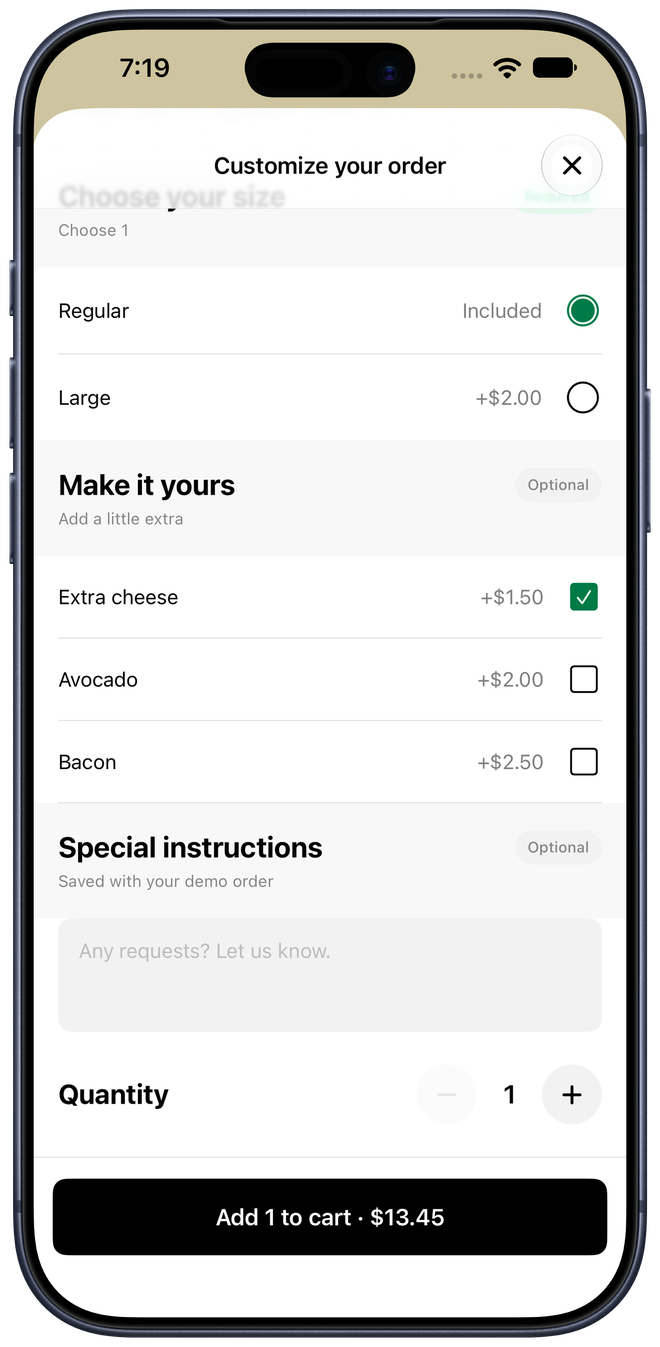 Burger customization showing selected Regular size and Extra cheese