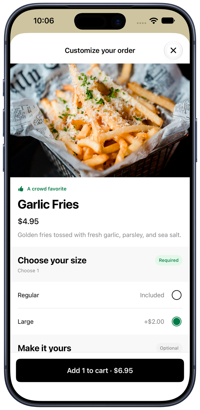 Garlic Fries customization with Large size selected and the enabled add-to-cart button