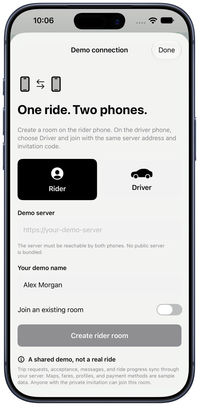 Demo connection sheet explains the shared-server requirement and has no server configured