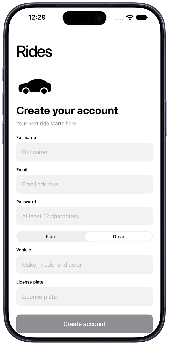 Driver account registration form with vehicle and license plate fields