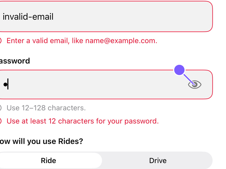 Focused evidence for Toggling Show password while the password field is focused clears the previously entered value. In this current-build signup check, entering a short password, toggling Show, then appending one character left only the appended character. Th…