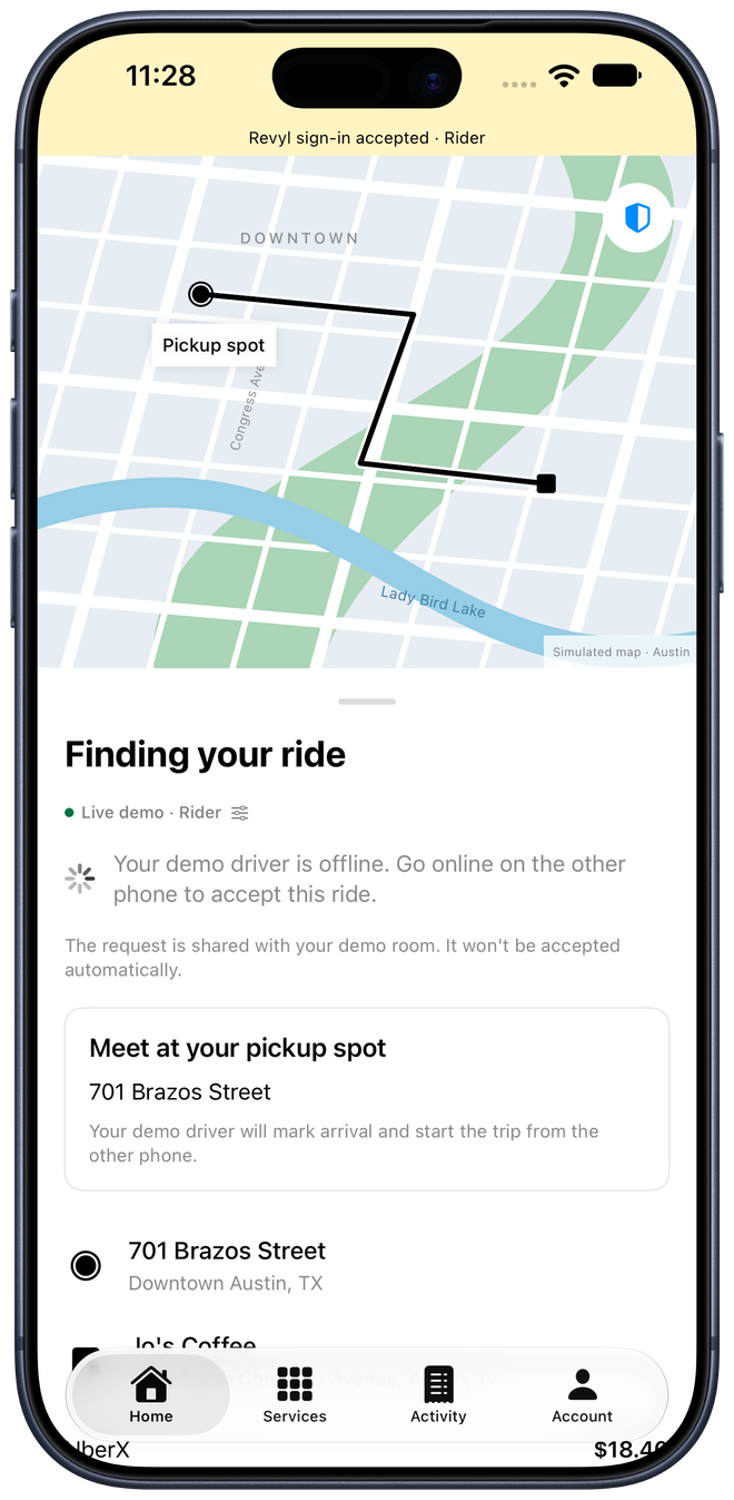 Finding your ride state says the demo driver is offline and request will not be accepted automatically
