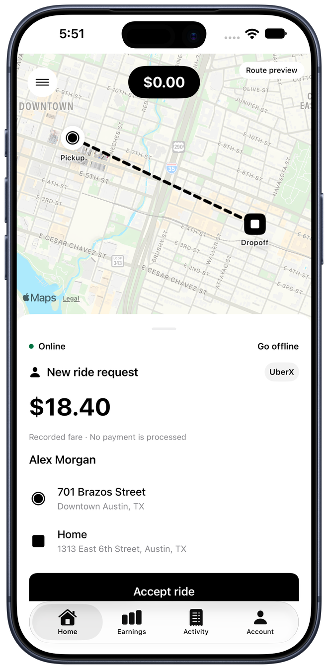 Driver online screen receives the Rider's native request