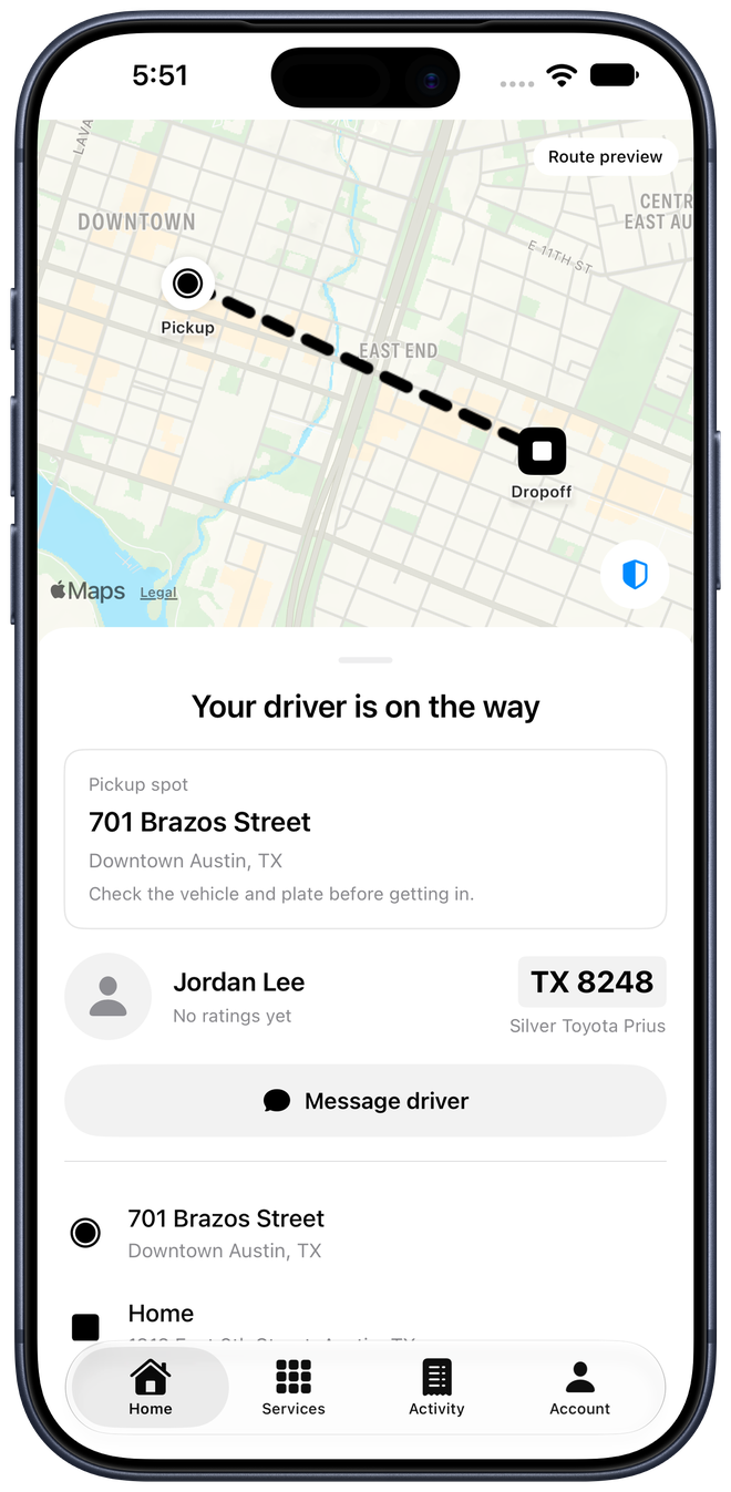Rider screen shows the driver after native acceptance