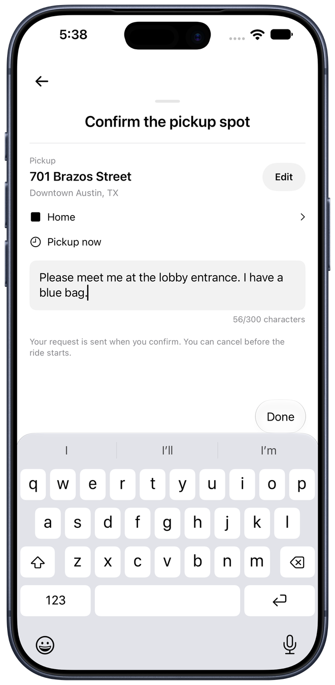 Rider pickup-note editor and character counter above the software keyboard