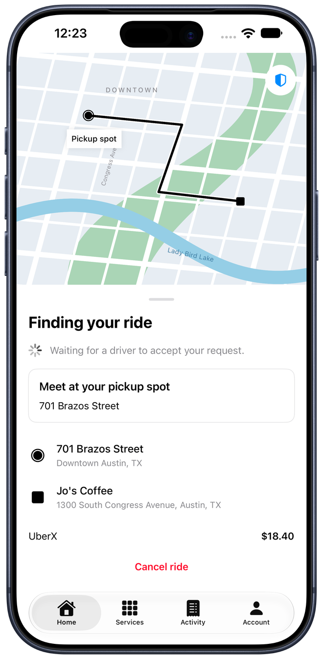 Finding your ride state waiting for a driver to accept the request