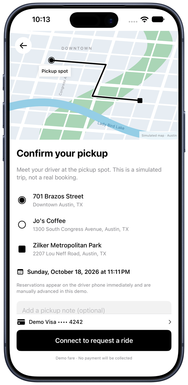 Scheduled pickup confirmation lists the added coffee stop and Zilker destination