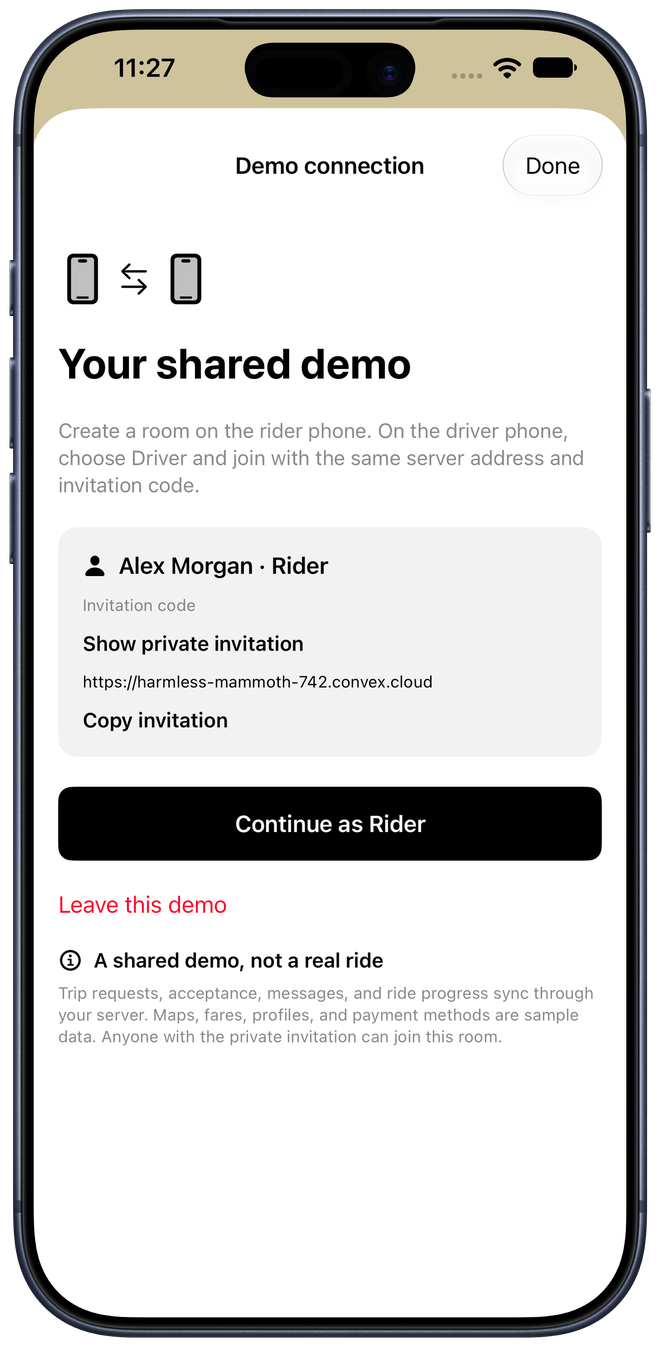 Created rider room with a Show private invitation control and no code visible