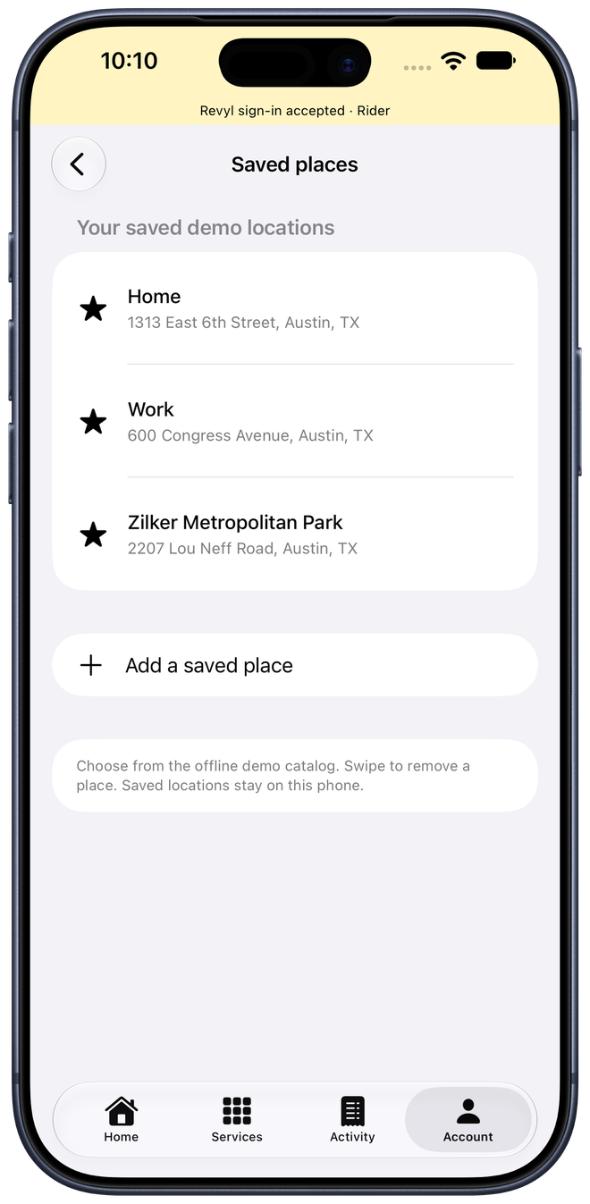 Saved places lists the newly added Zilker Metropolitan Park demo location