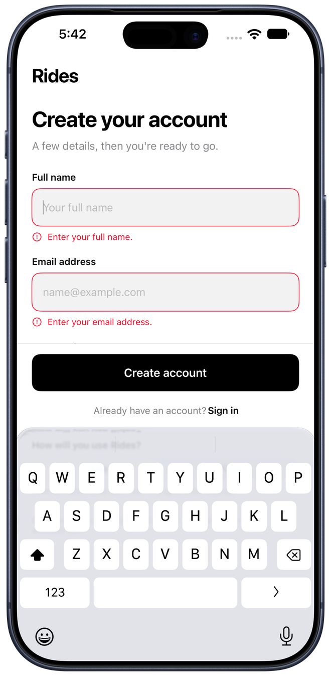 Signup form shows explicit required name and email field errors
