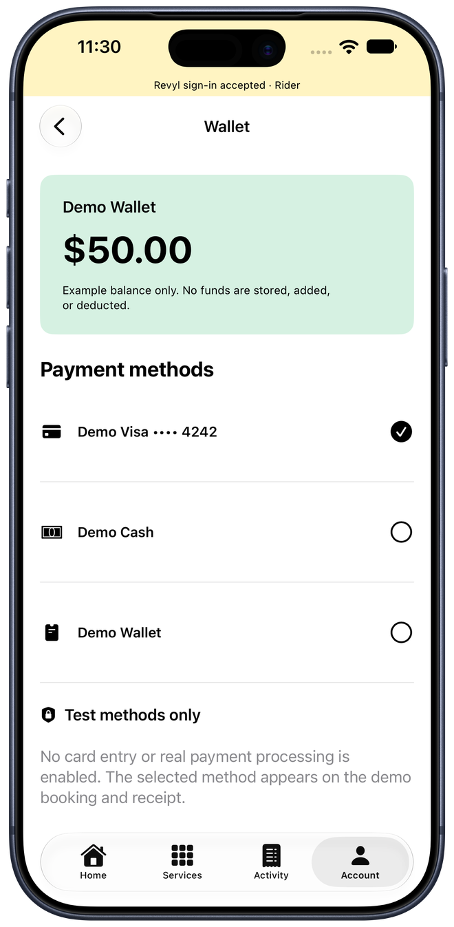 Wallet screen showing demo balance and test payment methods only